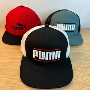 Puma Snapback Hat Bundle Lot of 3 Men's Trucker Flat Bill Red Black Teal Mesh